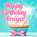 Happy Birthday Amiya! Elegang Sparkling Cupcake GIF Image.