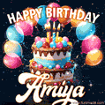 Hand-drawn happy birthday cake adorned with an arch of colorful balloons - name GIF for Amiya