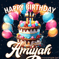 Hand-drawn happy birthday cake adorned with an arch of colorful balloons - name GIF for Amiyah