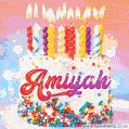 Personalized for Amiyah elegant birthday cake adorned with rainbow sprinkles, colorful candles and glitter