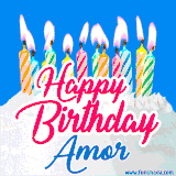 A cheerful animated GIF featuring colorful lit birthday candles on a white cake, with the text 'Happy Birthday Amor' in bold red and blue script on a bright blue background.