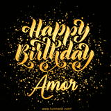 Animated GIF with colorful, festive 'Happy Birthday Amor' text decorated with patterns, a party hat, and falling confetti. A vibrant and cheerful design for birthday celebrations.
