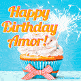 A cheerful animated GIF of a cupcake with creamy frosting, a red checkered ribbon, and a bright sparkler on top. The text 'Happy Birthday Amor!' is displayed in vibrant orange and red.