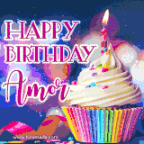 A festive animated GIF featuring a colorful cupcake with a single lit candle, sprinkles, and 'Happy Birthday Amor' text against a sparkling, celebratory background.