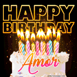 A vibrant animated GIF featuring a delicious birthday cake topped with glowing candles and the name 'Amor' in elegant script, and the words 'Happy Birthday' on the black background.