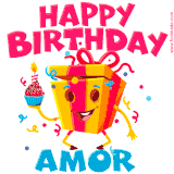 A funny animated birthday GIF with the words 'Happy Birthday Amora', colorful gift box with arms and legs, holding a cupcake with a lit candle  with confetti everywhere.