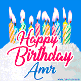 A cheerful animated GIF featuring colorful lit birthday candles on a white cake, with the text 'Happy Birthday Amr' in bold red and blue script on a bright blue background.