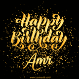 Animated GIF with colorful, festive 'Happy Birthday Amr' text decorated with patterns, a party hat, and falling confetti. A vibrant and cheerful design for birthday celebrations.