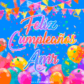 A vibrant animated GIF with 'Feliz Cumpleaños Amr' written in colorful script, surrounded by balloons, confetti, and bunting on a bright blue background.