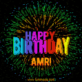 A colorful animated GIF featuring the text 'Happy Birthday Amr!' in rainbow colors with a dynamic iridescent firework display in the background.