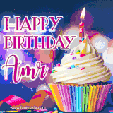 A festive animated GIF featuring a colorful cupcake with a single lit candle, sprinkles, and 'Happy Birthday Amr' text against a sparkling, celebratory background.