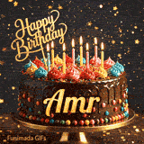 Golden lettering spelling Amr on a rich chocolate birthday cake decorated with rainbow sprinkles.