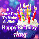 A colorful birthday GIF for Amy featuring a cupcake with vibrant lit candles and the text 'It's Your Day to Make a Wish! Happy Birthday Amy' in bold letters on a festive purple background.