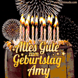 A chocolate birthday cake with glowing candles, the German text 'Alles Gute zum Geburtstag Amy,' and vibrant fireworks lighting up the background in an animated GIF.