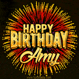 Golden 'Happy Birthday Amy' text accompanied by animated rainbow fireworks for a festive animated greeting.