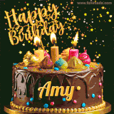 A delightful chocolate birthday cake with bright candles and 'Happy Birthday Amy' written in gold amidst a shower of animated stars.