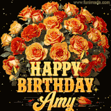 Animated bouquet of orange roses with moving butterfles and golden 'Happy Birthday Amy' text, surrounded by sparkling accents and a dark backdrop for a luxurious feel.