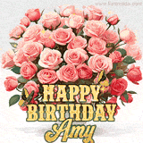 Golden 'Happy Birthday Amy' text beneath a vibrant bouquet of orange roses, complete with glittering butterflies and sparkling details.
