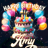 Bright birthday animation for Amy with a chocolate cake, candles, balloons, and glowing celebratory lights.