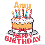 Cartoon birthday cake with a red bow, glowing candles, and 'Amy Happy Birthday' text in bold animated style.