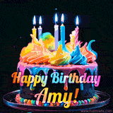 A mesmerizing animated cake with multicolor frosting and candles, and the words 'Happy Birthday Amy' on the black background.