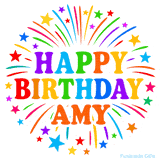 Happy Birthday Amy' GIF with rainbow-colored letters, colorful stars, and fireworks on white background.