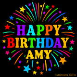 Personalized greeting card with name, colorful text that says 'Happy Birthday Amy' surrounded by animated fireworks and multicolor stars