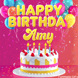 Pink-themed animated greeting with balloons, confetti, and a frosted cake under the message 'Happy Birthday Amy' in bold rounded yellow font.