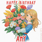 Bright floral birthday animation for Amy showing a cute cartoon girl with golden hair and expressive eyes holding a huge bouquet, surrounded by birthday text.