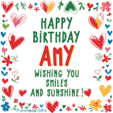 A colorful animated card for Amy’s birthday featuring playful hearts, cheerful flowers, and a handwritten message wishing smiles and sunshine.
