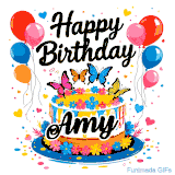 An animated birthday card for Amy. It features a festive cake with her name, 'Amy', and colorful butterflies. Floating balloons and hearts complete the joyful scene.
