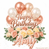 Happy Birthday Amy animated GIF with elegant rose gold balloons and pink roses