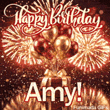 Cute gift box animation with the name Amy, featuring shiny balloons and spectacular golden fireworks.