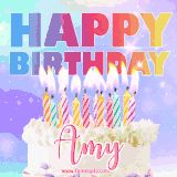 A vibrant animated name GIF with the words 'Happy Birthday Amy' with colorful candles on a creamy cake. The background sparkles with pastel shades, adding a festive touch.