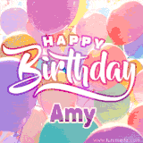 A vibrant name GIF featuring colorful balloons in shades of pink, orange, and yellow with the bold text 'Happy Birthday Amy' in festive fonts, creating a lively birthday vibe.