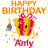 A vibrant and funny gift box character with a happy face dancing with a cupcake and the text 'Happy Birthday Amy,' surrounded by animated confetti and party vibes.
