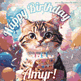 Happy birthday gif for Amyr with cat and cake