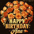 Beautiful bouquet of orange and red roses for Ana, golden inscription and twinkling stars