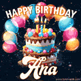 Hand-drawn happy birthday cake adorned with an arch of colorful balloons - name GIF for Ana