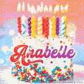 Personalized for Anabelle elegant birthday cake adorned with rainbow sprinkles, colorful candles and glitter