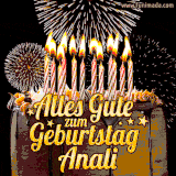 A chocolate birthday cake with glowing candles, the German text 'Alles Gute zum Geburtstag Anali,' and vibrant fireworks lighting up the background in an animated GIF.