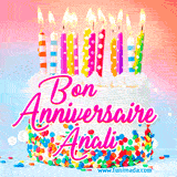 A white birthday cake covered in colorful sprinkles, topped with bright candles, and French text 'Bon Anniversaire Anali' on a pastel gradient background in an animated GIF.