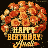 Animated bouquet of orange roses with moving butterfles and golden 'Happy Birthday Anali' text, surrounded by sparkling accents and a dark backdrop for a luxurious feel.