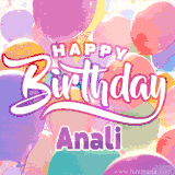 A vibrant name GIF featuring colorful balloons in shades of pink, orange, and yellow with the bold text 'Happy Birthday Anali' in festive fonts, creating a lively birthday vibe.