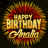 Golden 'Happy Birthday Analia' text accompanied by animated rainbow fireworks for a festive animated greeting.