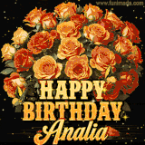 Animated bouquet of orange roses with moving butterfles and golden 'Happy Birthday Analia' text, surrounded by sparkling accents and a dark backdrop for a luxurious feel.