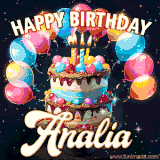 Bright birthday animation for Analia with a chocolate cake, candles, balloons, and glowing celebratory lights.