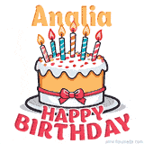 Cartoon birthday cake with a red bow, glowing candles, and 'Analia Happy Birthday' text in bold animated style.