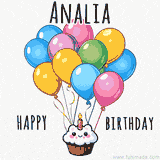 An adorable and cute cupcake with a smiley face and moving colorful balloons create a joyful birthday greeting for Analia in this cheerful animated greeting E-card.