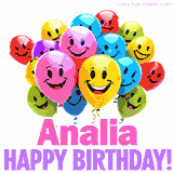Animated colorful and joyful birthday balloons with cheerful smiles and a bright 'Happy Birthday Analia!' message in pink and purple.